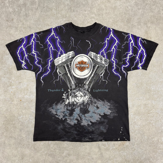 (XL) 90s Harley Davidson Thunder & Lightning AOP Shirt