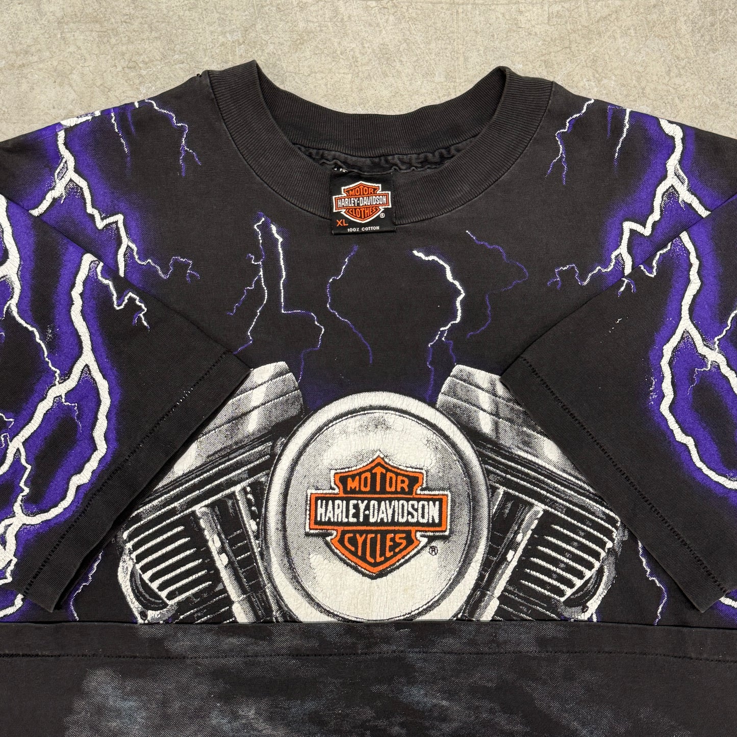 (XL) 90s Harley Davidson Thunder & Lightning AOP Shirt